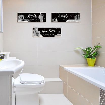 Honoson 3 Pcs Bathroom Decor Wall Art Bathroom Pictures Decor Accept Let Go Have Faith Wood Wall Hanging Sign for Home Spa Laundry 11. 8 x 3. 9 x 0. 2 Inches (Silver)