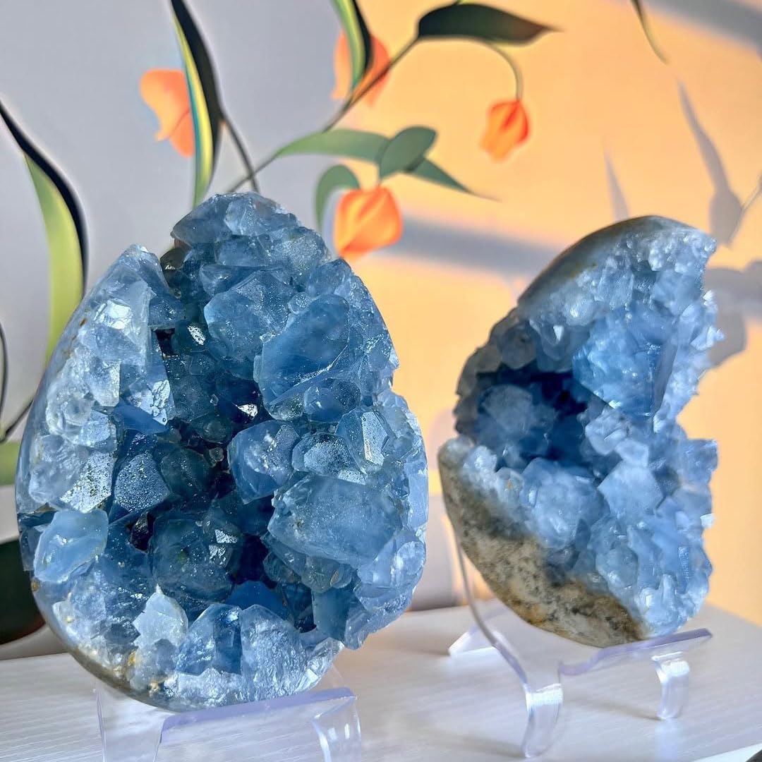 0.88-1.8lb Natural Celestine Cluster - Blue Quartz Geode for Home & Office Decor - Raw Crystal Healing Stone with Natural Formations