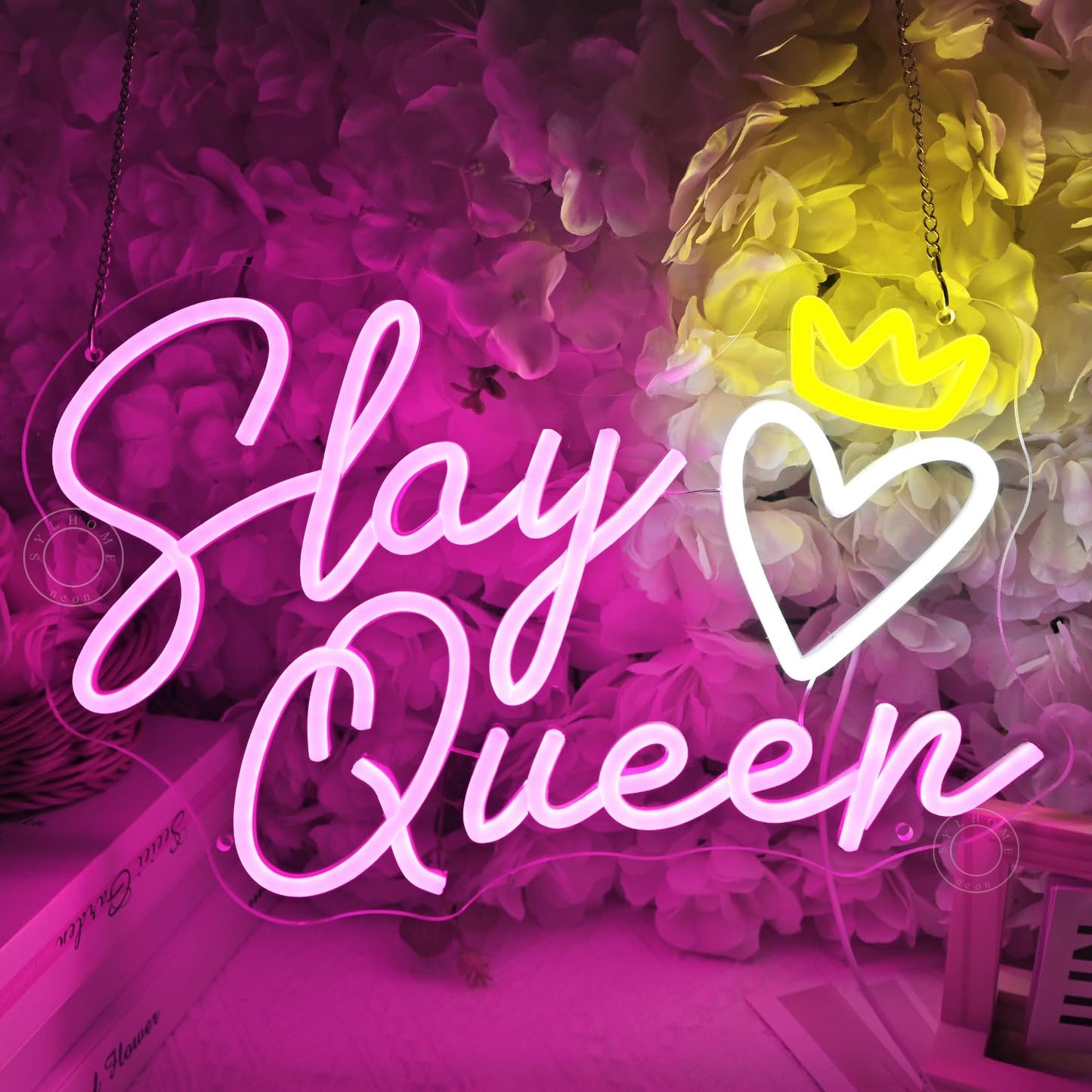 SYLHOME Slay Queen Led Neon Light Sign Heart Crown Bedroom Girls Game Room Cool Wall Sign Decor Teen Kids Birthday Party Decor 15.75" X 10.24" USB Dimmer