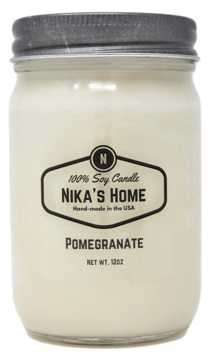 Nika's Home Pomegranate Soy Candle 12oz Mason Jar Non-Toxic White Soy Handmade Long Burning 50-60 Hours Highly Scented All Natural Candles Clean Burning Large Candle Gift Décor