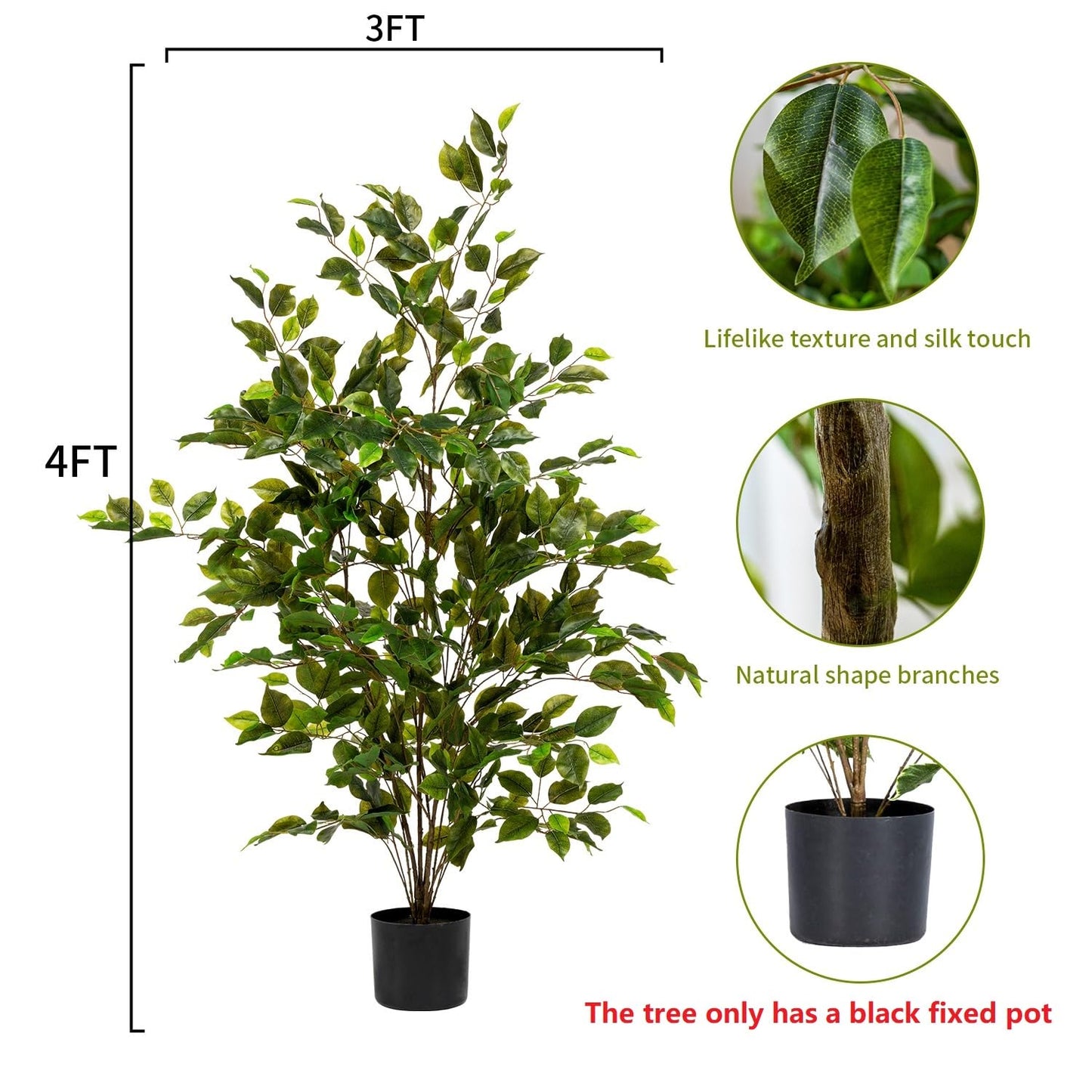 Bailikang Artificial Ficus Tree Indoor 4ft, Large Potted Faux Tree with Realistic Silk Leaves & Trunk for Home Office, Living Room Corner Decor