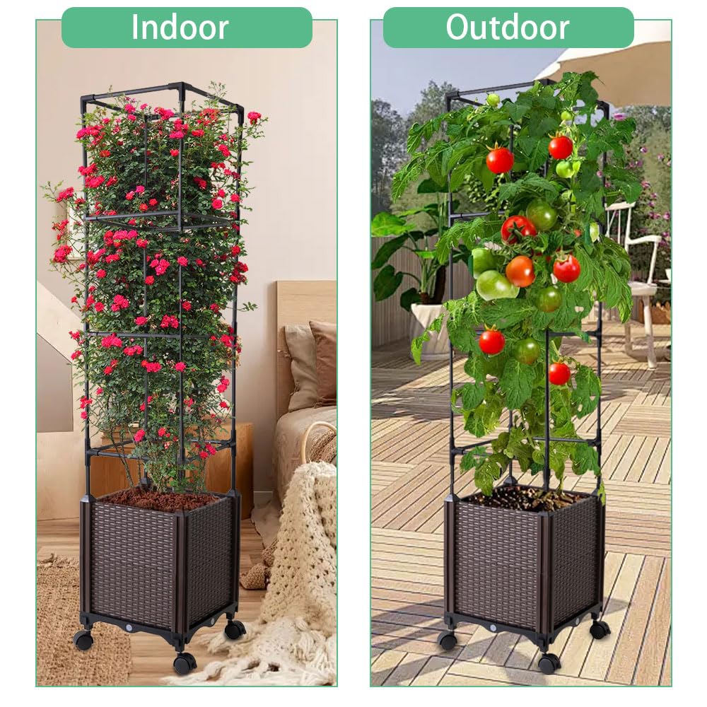 Antmoilios Raised Garden Bed with Tomato Cage & Trellis, 56" Self-Watering Tomato Planter Box for Vegetables Flowers | Lockable Wheels, Vertical Gardening | Indoor Outdoor Patio Use, Easy Assembly