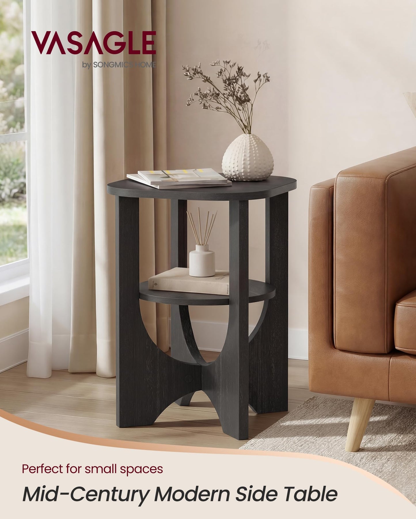 VASAGLE Side Table, 2 Tier Small Accent End Table, Nightstand with Lower Shelf for Small Spaces, Living Room, Bedroom, Charcoal Gray ULET233B101S