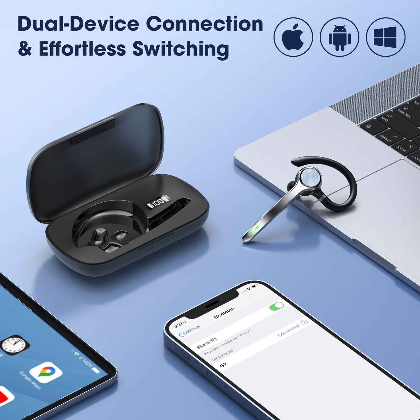 Ngsod Bluetooth Headset, Wireless Earpiece with Upgrade Noise Canceling Mic,500mAh Charging Case Support 72H Talking Time,Hand-Free Headphones with Mute Button for Computer Cell Phones Trucker Work