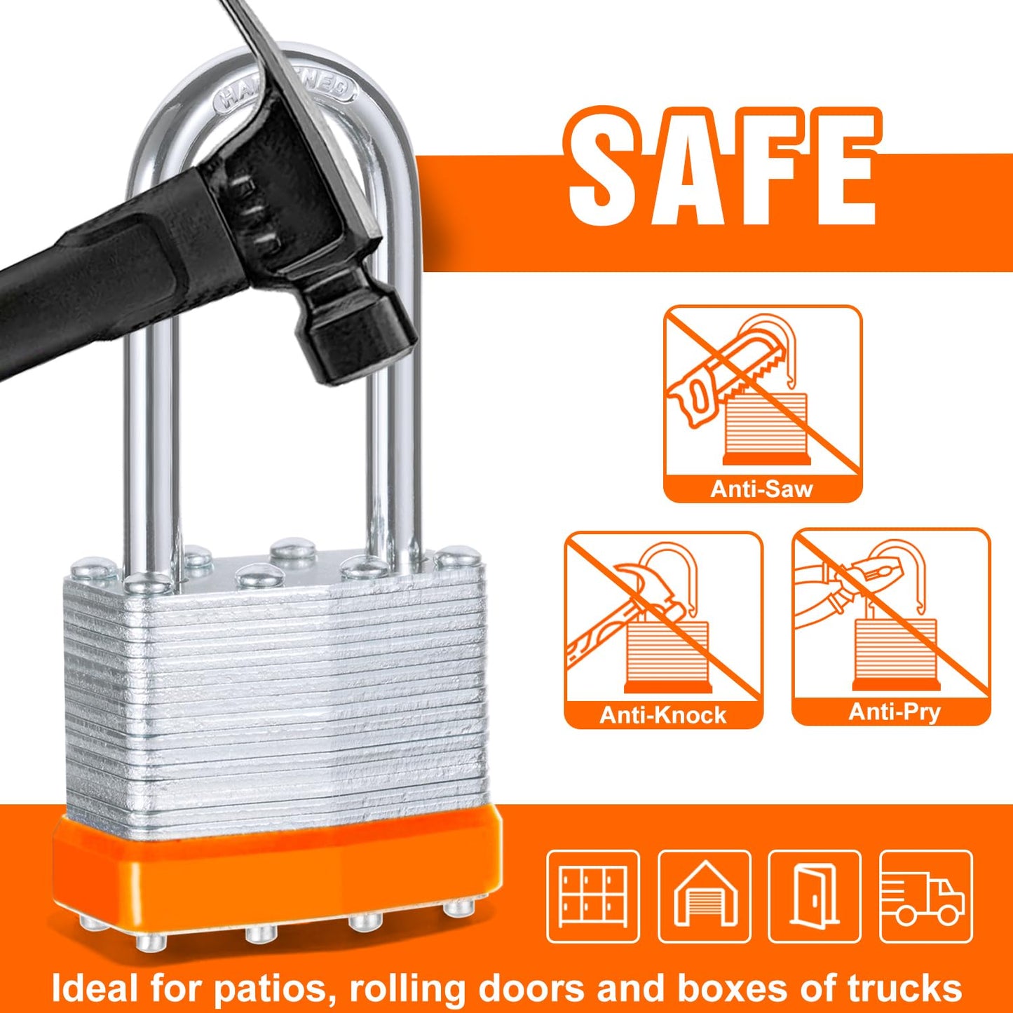 6Pcs Padlocks with Same Keys,Laminated Steel Orange Silver(1-9/16",40mm),Long Shackle for Sheds,Gates,Fences,Toolbox,Outdoor and Indoor Use