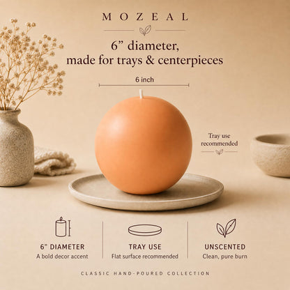 MOZEAL Hand-Poured, 6 Inch Peach Fuzz Large Round Ball Candles - Elegant Peach Fuzz Round Pillar Candles, Dripless, Unscented, Smokeless, Ideal for Summer Parties.