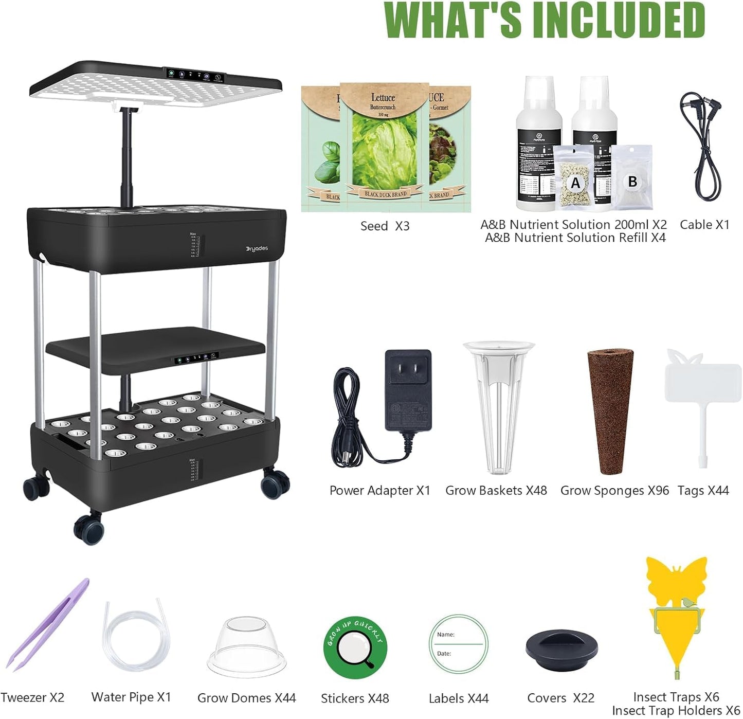 44 Pod Hydroponic Indoor Garden System Black, 2 Tier Growing Kit with LED Grow Light, 10L Tank, Includes Seed Starter Kit