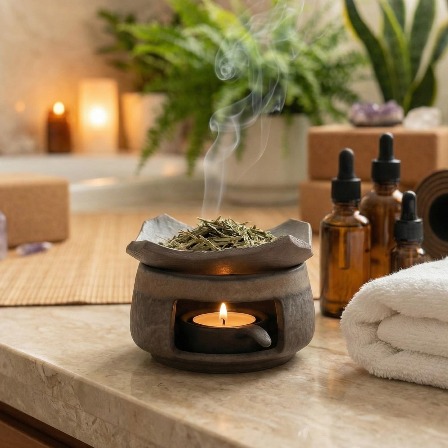 Ceremony Ceramic Incense Holder Aromatherapy Diffuser, White Sage Incense Burner, Herb Burner & Candle Wax Warmer with Tealight Holder, Home Fragrance Accessories for Relaxation & Meditation