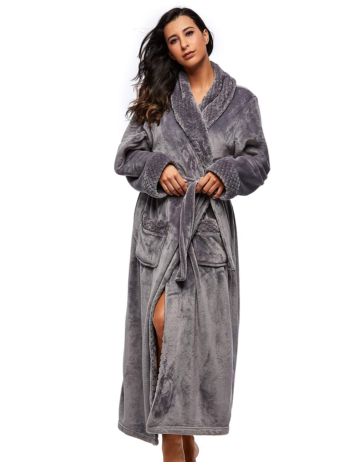 BELLOO Unisex Flannel Dressing Gown Cozy Coral Fleece Bathrobe Long Style, Grey XL