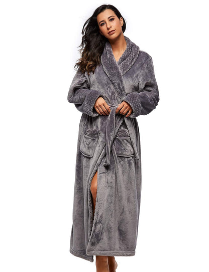 BELLOO Unisex Flannel Dressing Gown Cozy Coral Fleece Bathrobe Long Style, Grey XL