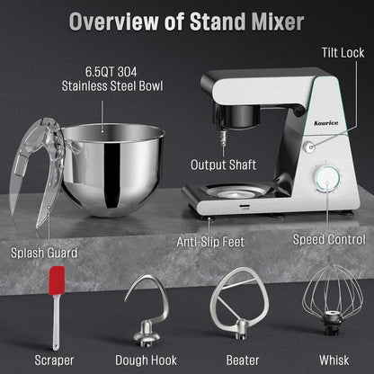 Kourice 6.5QT Tilt-Head Stand Mixer, Heavy Duty Pro 10-Speed Electric Mixer, Stainless Steel Cladding & Bowl with Dough Hook, Wire Whisk and Flat Beater for Home Baking, Bread, Cake, Pizza Dough