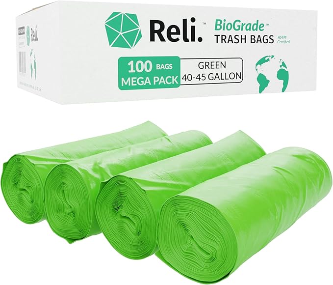 Reli. Biodegradable 40-45 Gallon Trash Bags | 100 Count | ASTM D6954 | Green |