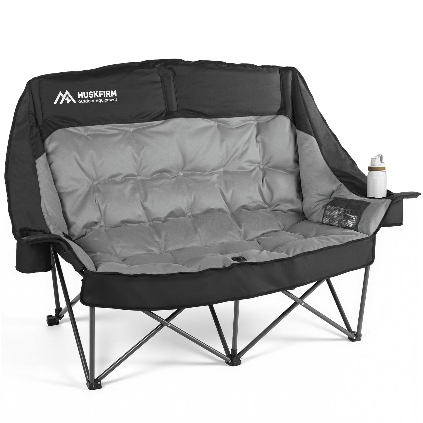 Huskfirm High Back Double Camping Chair 2 Person Camping Chair Low Seat Loveseat Camping Chair Fully Padded Oversized Camping Couch for Adults - Supports 650 LBS with Cup Holders Carry Bag - Black