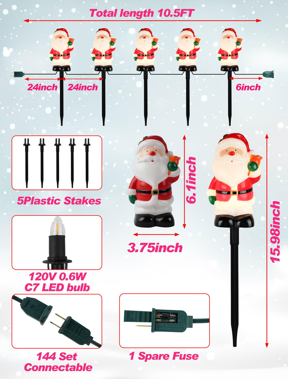 5-Pack Commercial-Grade Christmas Pathway Stakes - 15.98" Tall Santa Holding Bell Stake Lights with Heavy-Duty C7 LEDs, Waterproof for Pro-Level Yard Decor