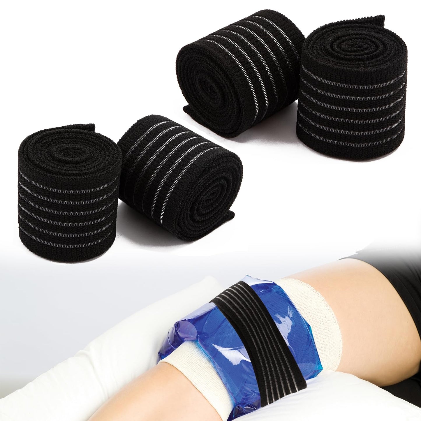 4-Pack Elastic Ice Pack Straps with Hook & Loop, 35.5"x2" Reusable Fastening Bands for Cold/Hot Therapy, Comes with Adjustable Extension Straps,Reusable Ice Belt Extender (Black)