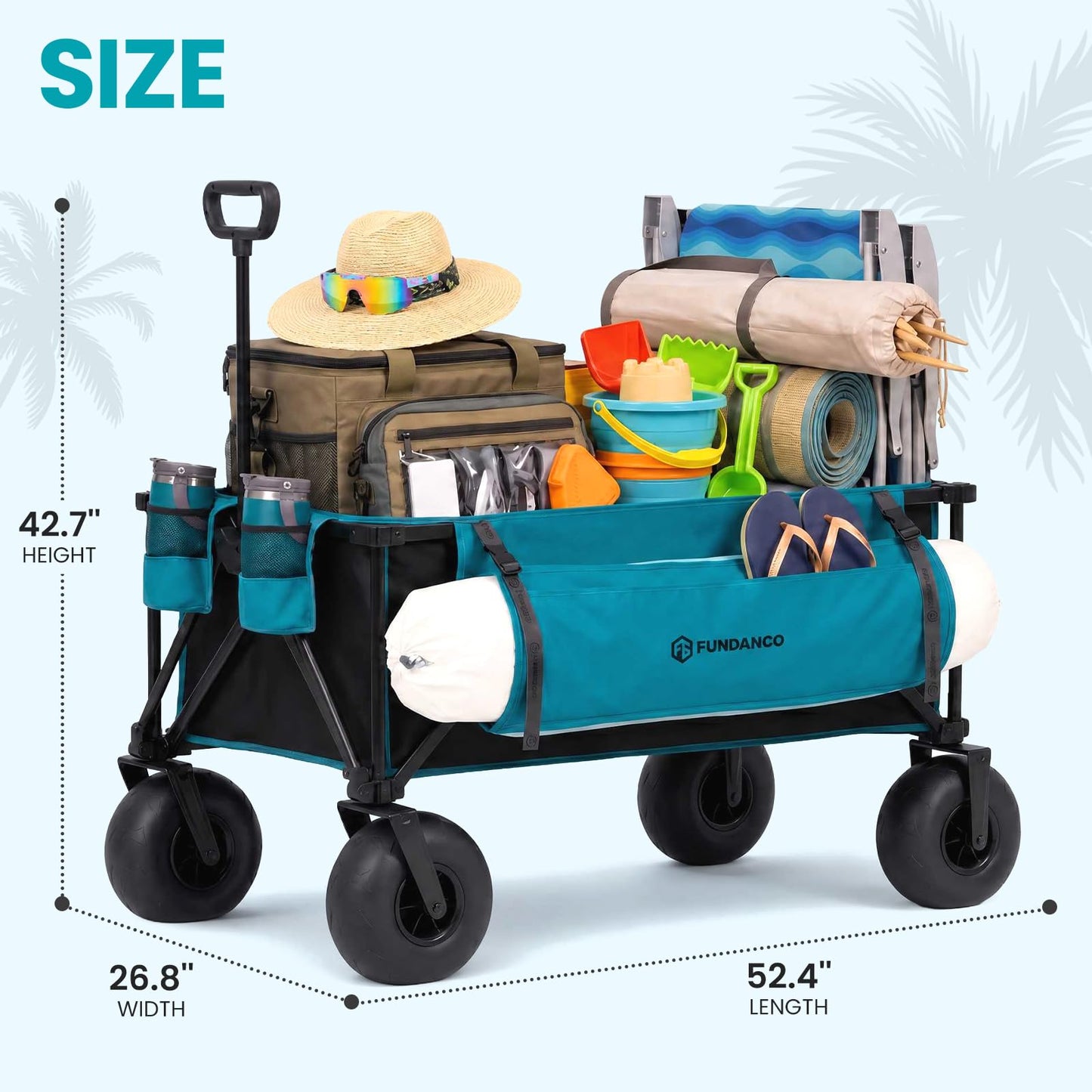 FUNDANGO Heavy Duty Beach Wagon with 9" Big Sand-Proof Wheels, 300L Large Beach Wagons with Balloon Wheel, Folding Collapsible All Terrian Cart with Side Pockets for Sports, Camping, Pump Included