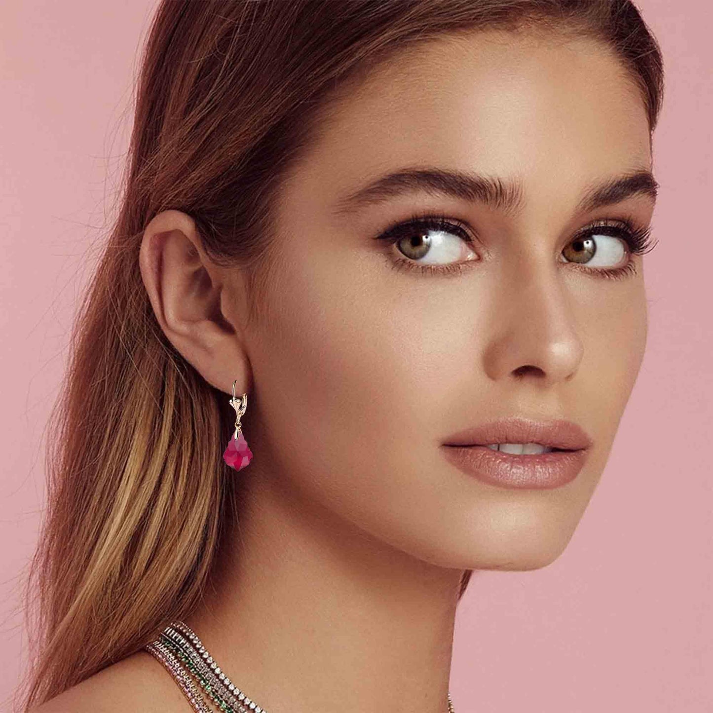 Austrian Crystal Baroque Drop Leverback Earrings for Women Fashion 14K Gold Plated Hypoallergenic Jewelry (Fuchsia)