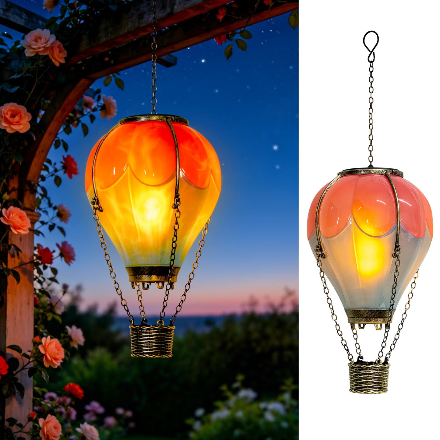 Hot Air Balloon Solar Lantern Outdoor Waterproof with Flickering Flame Light, Solar Powered Light for Garden Patio Yard Pathway Porch - Pink & Blue (1 Pack)