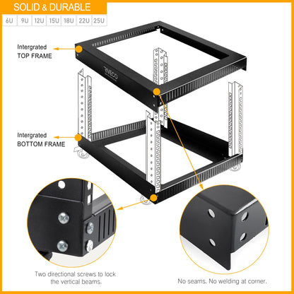 RIVECO 9U Open Frame Server Rack with Casters- Heavy Duty 4 Post Quick Assembly 19-inch, Stereo Rack Network Cabinet Black