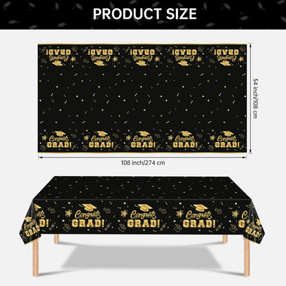 2 Pack Graduation Tablecloth - Congrats Grad Table Cloths, Plastic Disposable Rectangle Black Gold Class of 2025 Table Cover for Graduation Tables Decorations Party Decor Supplies Favors,108 x 54 Inch