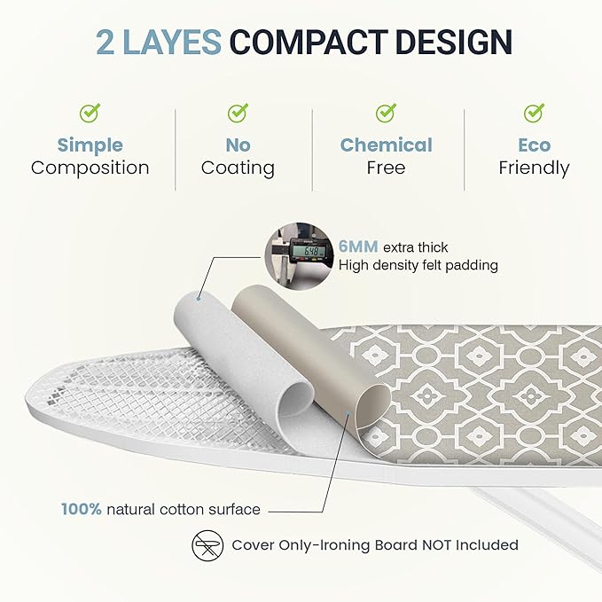 Ironing Board Cover and Pad 18"x49" Extra Thick Natural Cotton, Scorch and