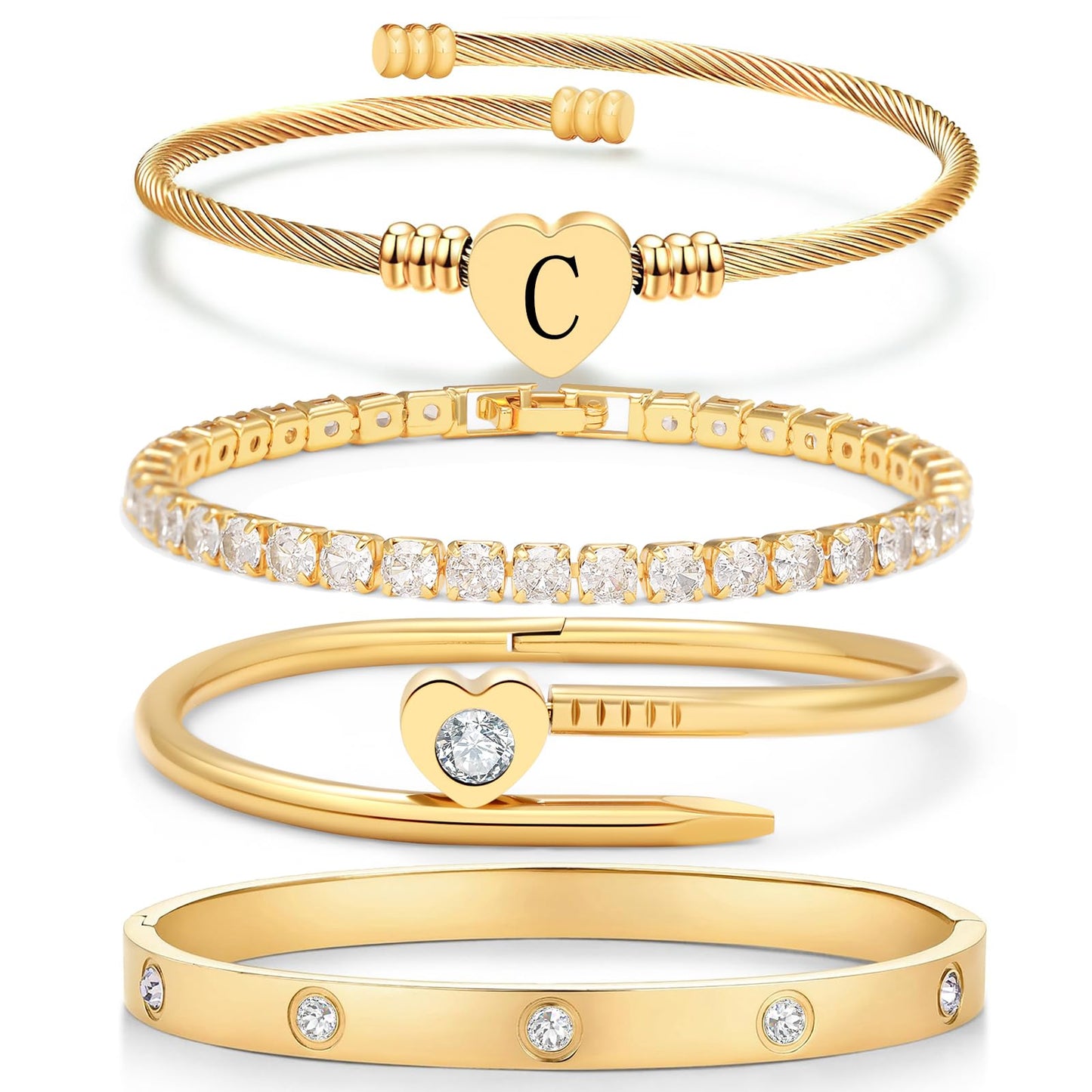 MEIERYA18K Gold Plated Nail love Bangle Bracelet Set for Women,Cubic Zirconia,Adjustable tennis bracelet Trendy Gift Jewelry for Mother's Day Anniversary (03-Style-C)