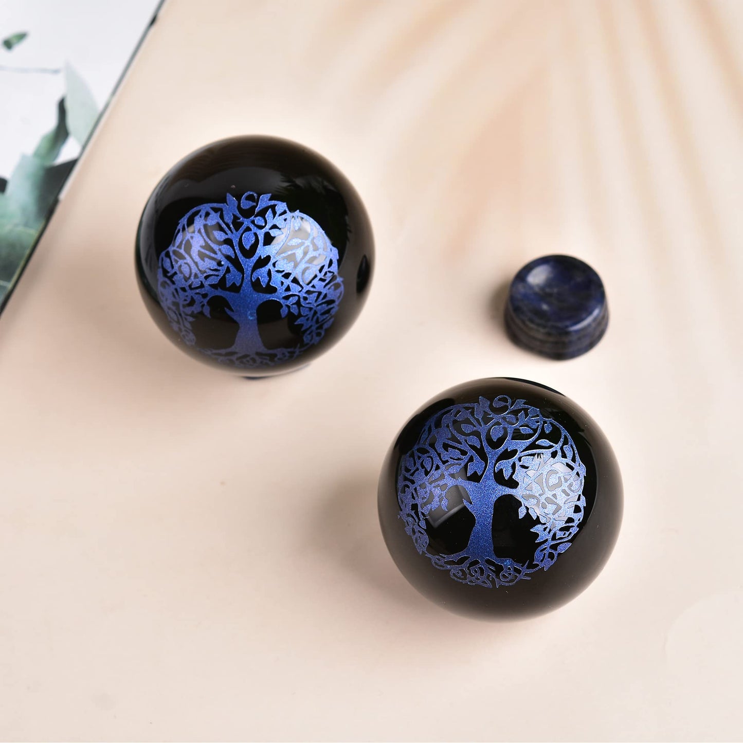 JIC Gem Small Black Obsidian Crystal Ball Sphere Carving Tree of Life with Blue Sodalite Decorative Stand for Meditation, Healing, Feng Shui (60mm / 2.2in)