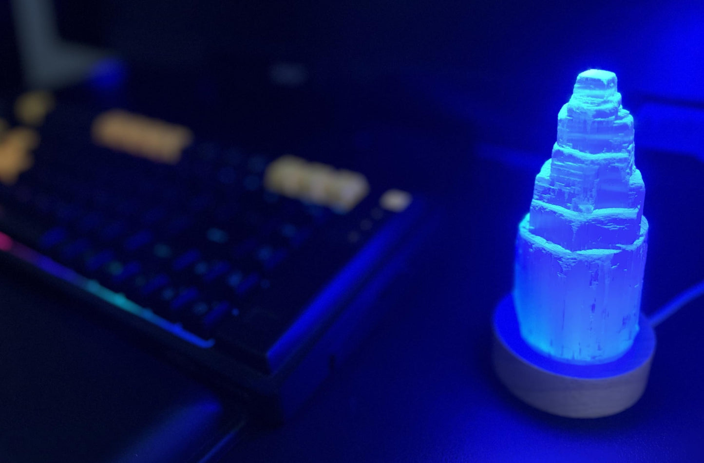 Small 4" Selenite Carved Moroccan Crystal Tower Skyscraper & USB Rainbow Multi-Color Changing LED Wooden Base Charge Crystals, Gems, Jewelry. Cleanse Unwanted Energy, Reiki Practitioner Energy Infused