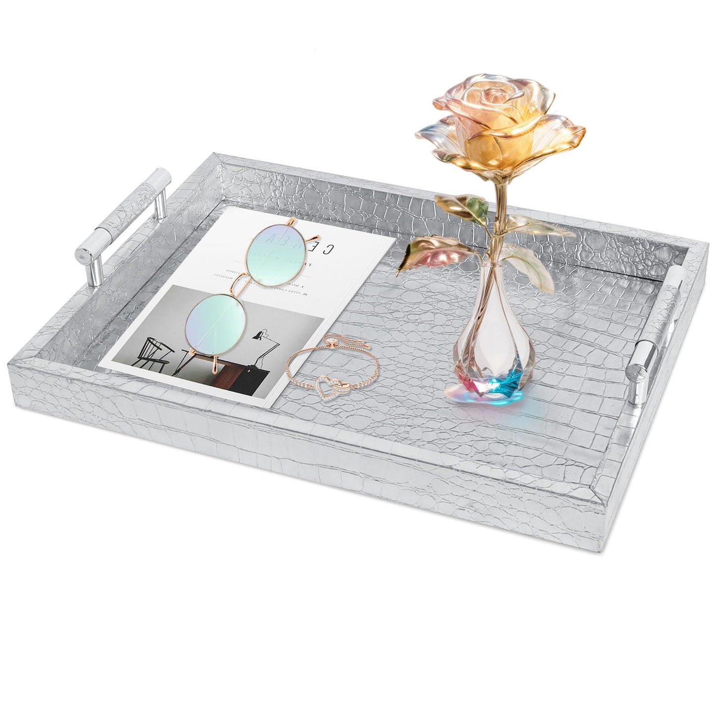SXNOWS Faux Leather Rectangle Serving Tray with Handles, Large Decorative Tray for Ottoman Coffee Table Decor Living Room, Kitchen, Bathroom, 16x12inches (Silver)