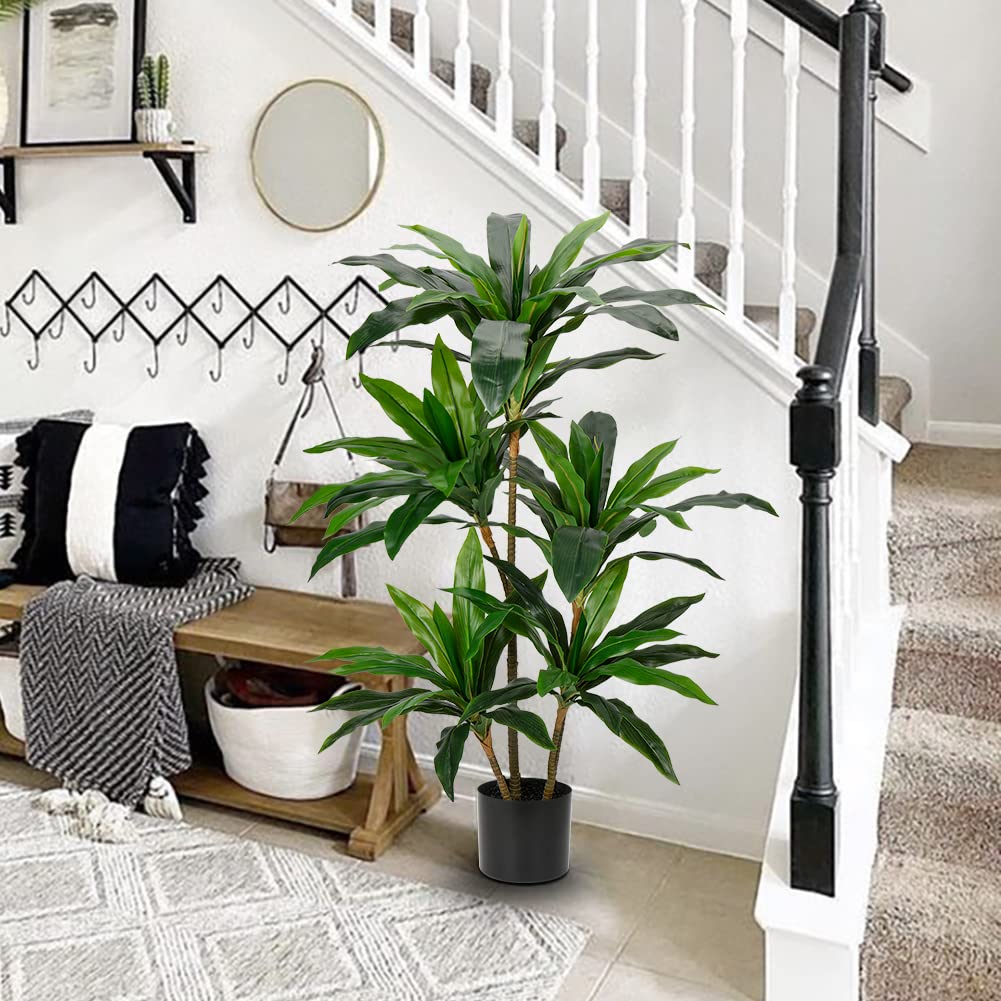 Artificial Dracaena Tree 4ft Tall Faux Dracaena Plants Fake Silk Fragrans Tree with Pot for Living Room Floor Indoor Outdoor Office Home Decor Gift for Housewarming