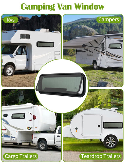 RV Window | 33.7"W x 10.7"H | Universal Camper Van Bunk Awning Window | Tempered Glass &Trim Set | DOT Certification Qualified