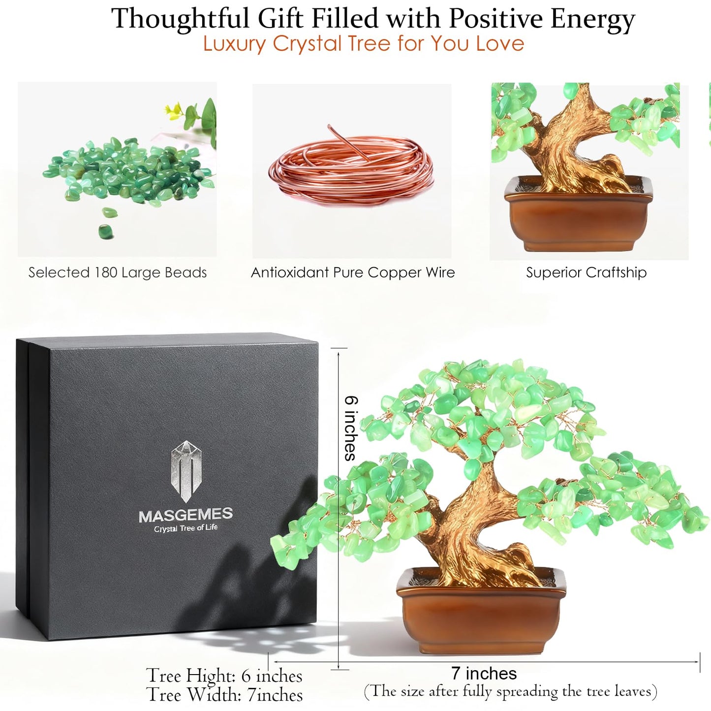 MASGEMES Aventurine Crystal Tree of Life – Handmade Gemstone Bonsai Tree with Natural Aventurine Crystals – Healing Feng Shui Chakra Tree for Positive Energy,Home Office Decor Gift 6 Inches