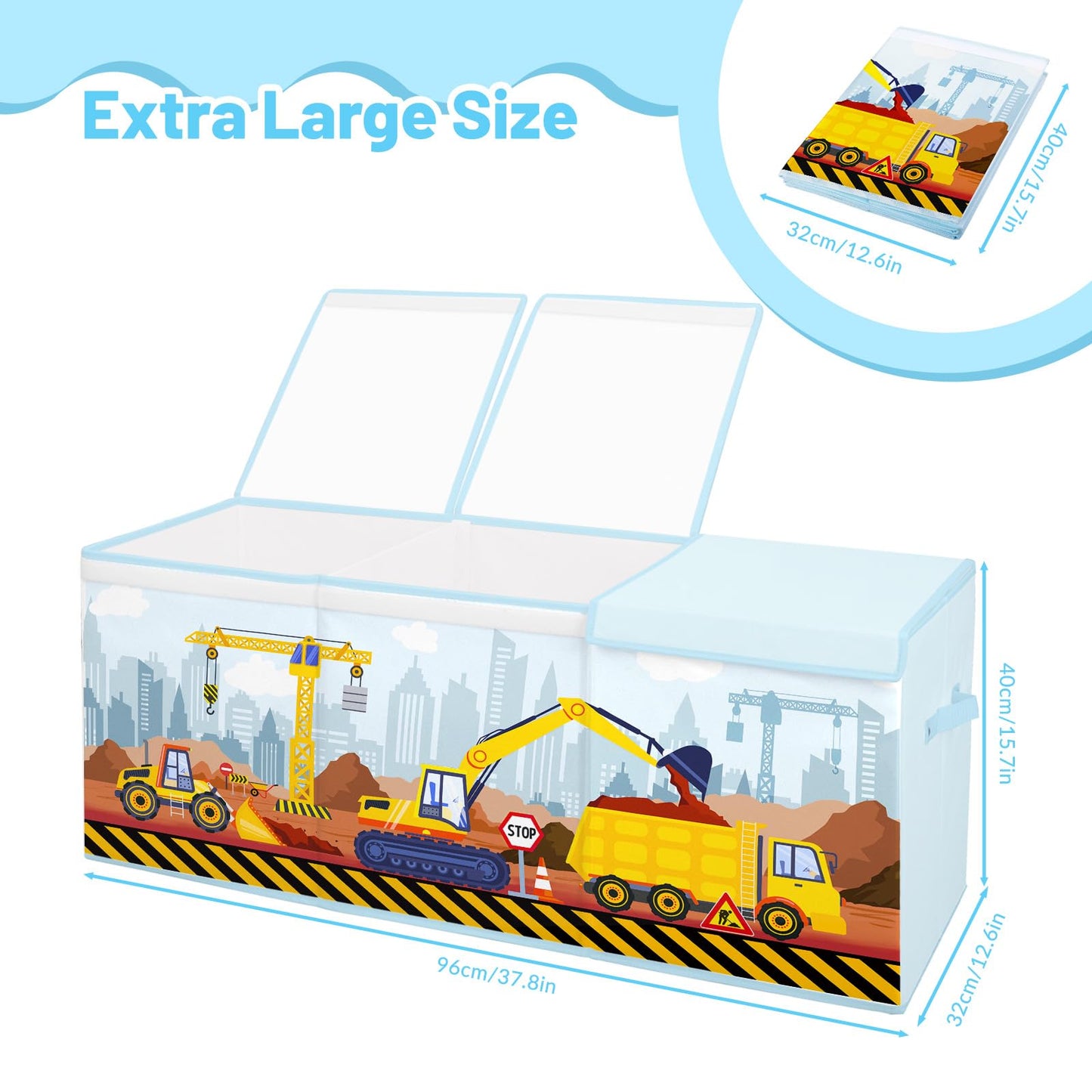 Toy Storage Bin with Lids,Extra Large Toy Box Chest with Handles for Kids Boys Girls,Collapsible Storage Organizer Box Bin Basket for Bedroom,Playroom, Nursery,37.8"x12.6" x15.7",Engineering vehicle