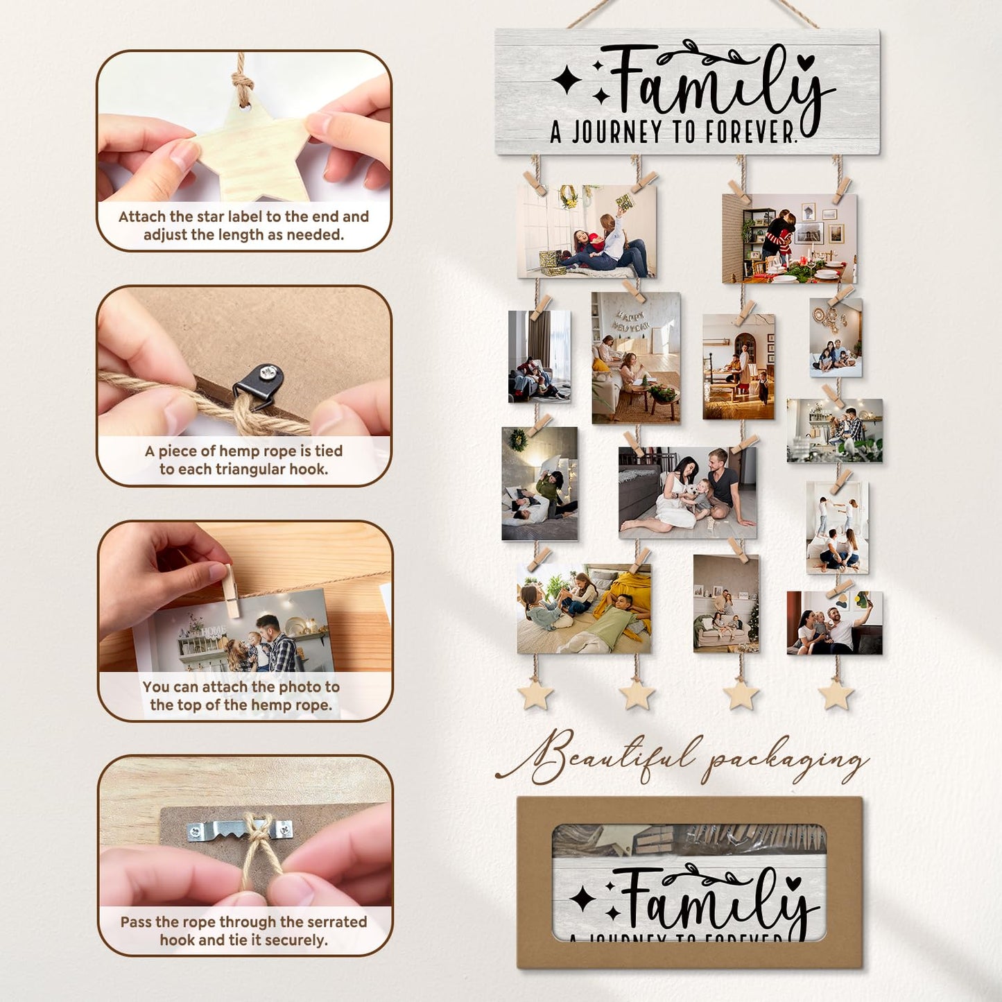ELMCH Family Picture Frame Photo Hanging Display with Clips, Family Reunion Gifts, Families a Journey to Forever Picture Board Photo Holder for Wall Decor