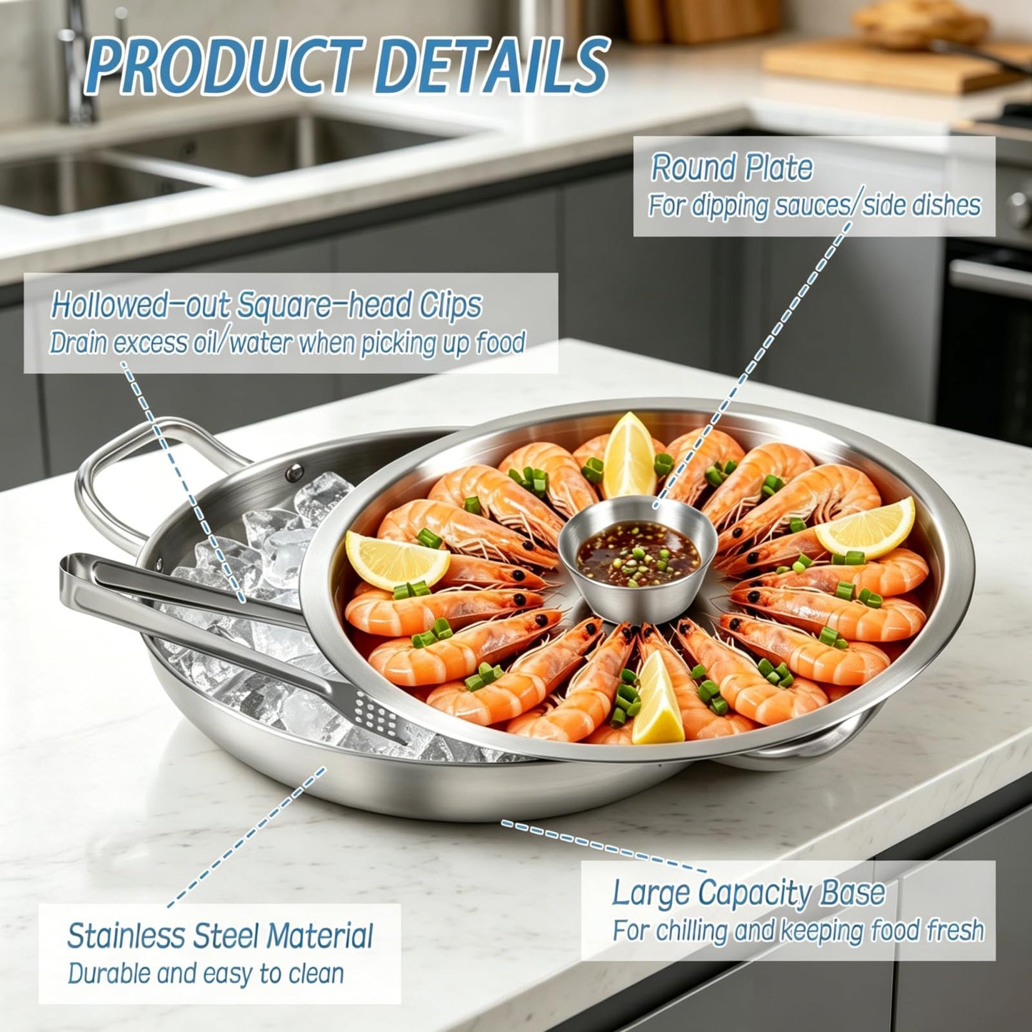 2 Set 12 Inch Chilled Serving Trays for Parties, Shrimp Cocktail Serving Dish with Ice Tray, Stainless Steel Chilled Party Platter, Cooling Charcuterie Serving Board for Fruits Veggies Buffet Parties