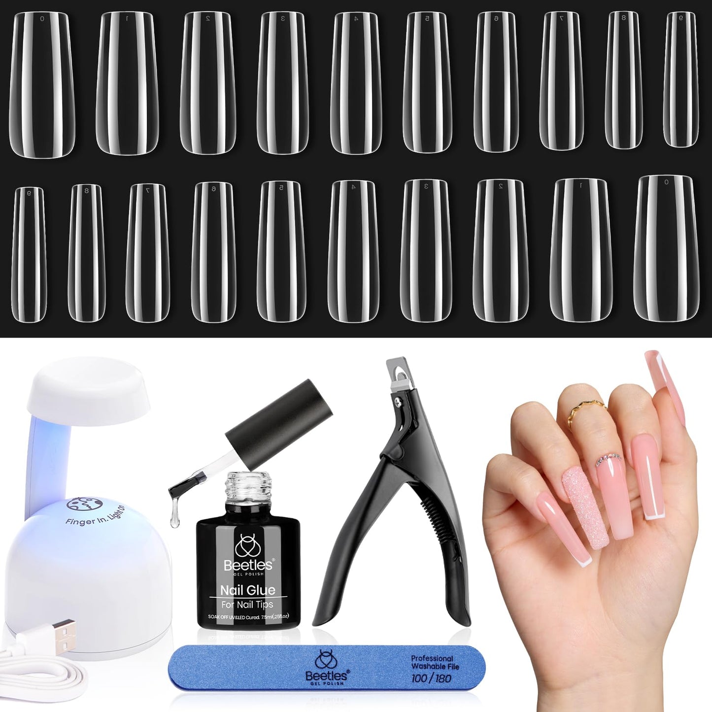 Beetles Gel Nail Extension Kit Almond Shape, Easy 9 in 1 Glue Uv Led Set Etch X Nail Tips Short Almond Half Matte Tips, Gift for Women & Girls, 504 pcs