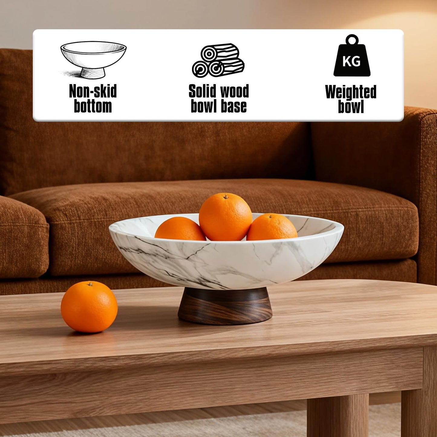 LFLKPY White Marble Texture Decorative Bowl with Acacia Wood Base – 11" Modern Pedestal Fruit Bowl for Table Centerpiece, Entryway or Kitchen Décor