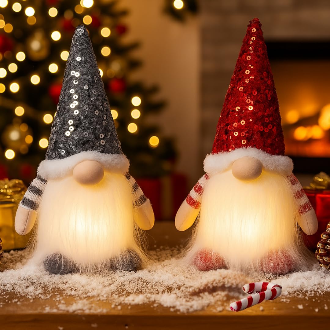 KAHF 2PCS Christmas Gnomes Decorations and Christmas Decorations Indoor Lighted - 12" Handmade Swedish Santa Gnomes Plush Cute Christmas Decor Elf Gift Xmas Table