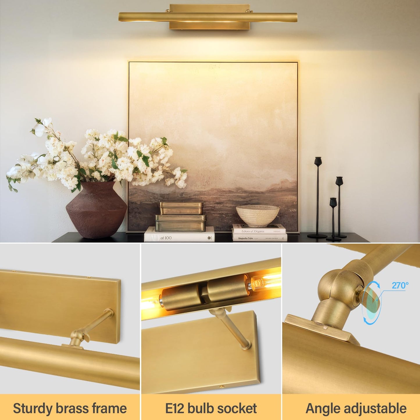 Art Picture Frame Wall Light: 30" Glod Antique Swing Arm Artwork Paintings - Dimmable Long Brass 4 Lights Over Photo Framed - Decorative Wall Lighting Above Painting for Gallery Museum Bulbs Included
