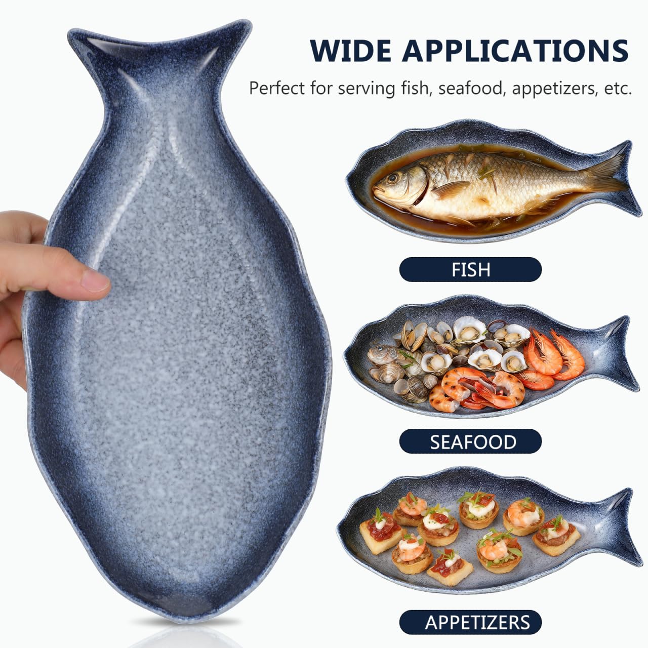 Cabilock 12 Inch Ceramic Fish Shaped Plate, Blue Porcelain Steamed Fish Platter, Deep Seafood Serving Dish for Sushi & Appetizers, Decorative Food Tray for Home Restaurant Kitchen