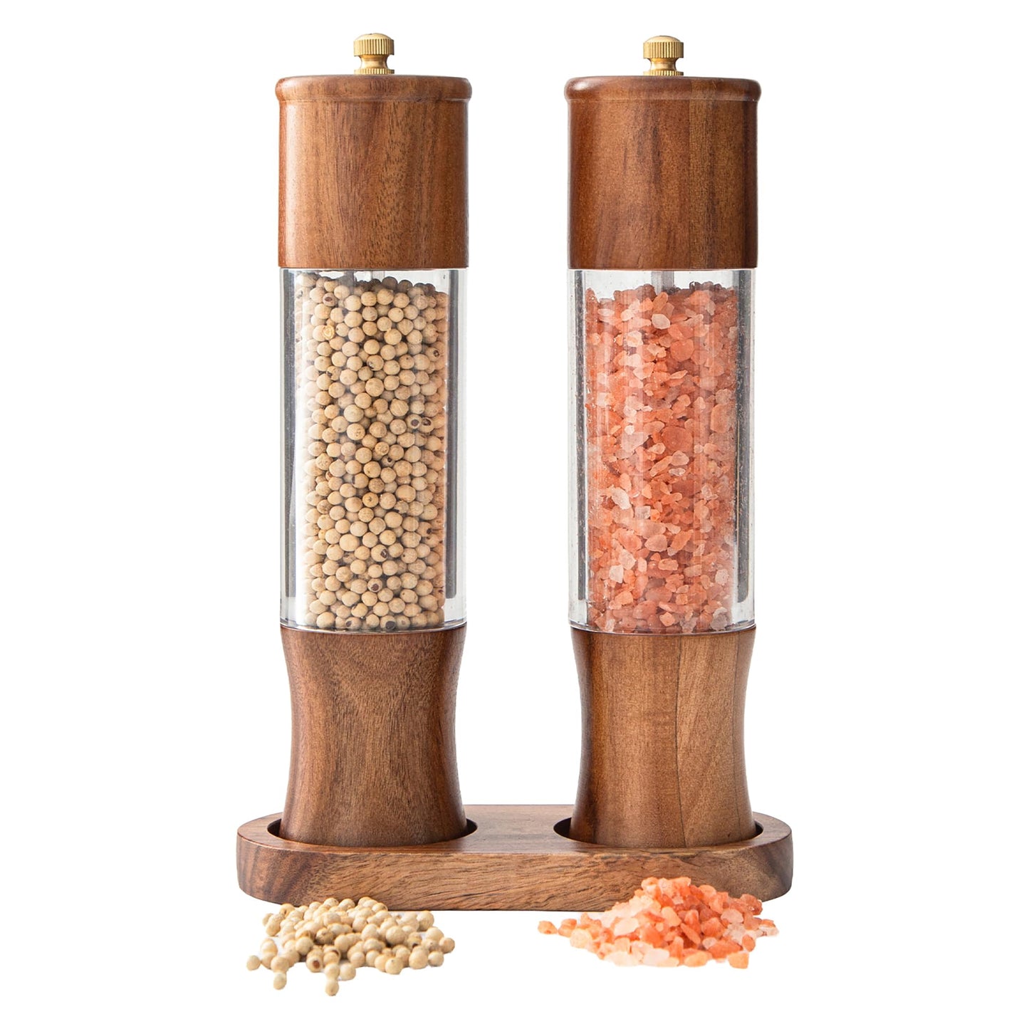 MZROO Wooden Salt and Pepper Grinder Set with Base, 8.5” Manual Pepper Mill and Acacia Wood Salt Shaker with Adjustable Ceramic Core, Refillable Wood Pepper Grinder 2-Pack for Kitchen Dining Gift