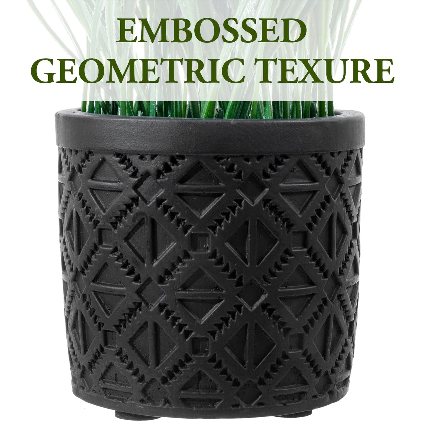 MyGift Artificial Green Grass Plant in Modern Black Concrete Pot with Geometric Embossed Pattern, Tabletop Faux Greenery Decorative Round Cement Planter Home Decor
