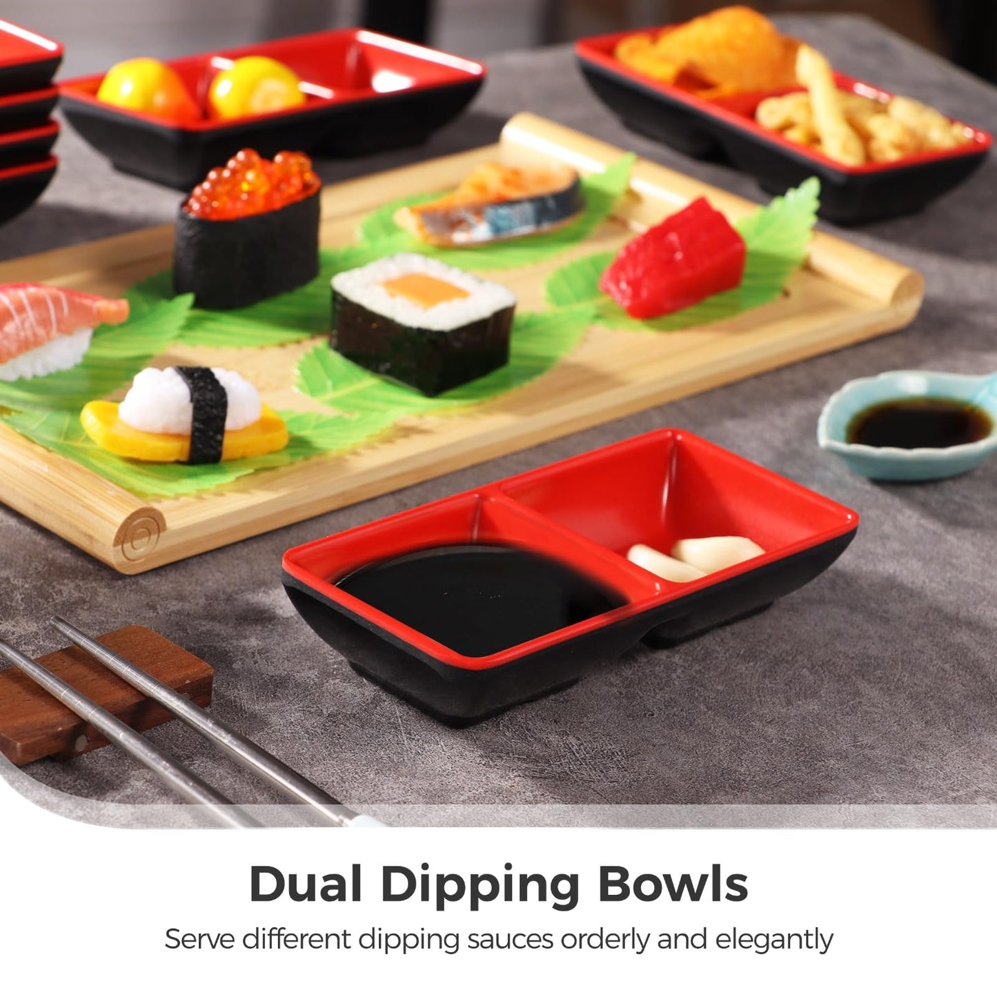 Tideme 15 Pcs Dual Dipping Bowls, Melamine Soy Sauce Dishes, Black Red Sushi Sauce Dipping Plates, Japanese Style Divided Cups, 2 Compartments Appetizer Serving Trays for Kitchen, Restaurants