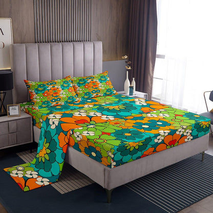 Castle Fairy Abstract Flowers Fitted Sheet Set Full Size 4Pcs,Retro Fresh Style Floral Bedding Set(1 Fitted,1 Flat,2 Pillows),Cartoon Art Deep Pocket Bed Sheets for Girls Teens Room