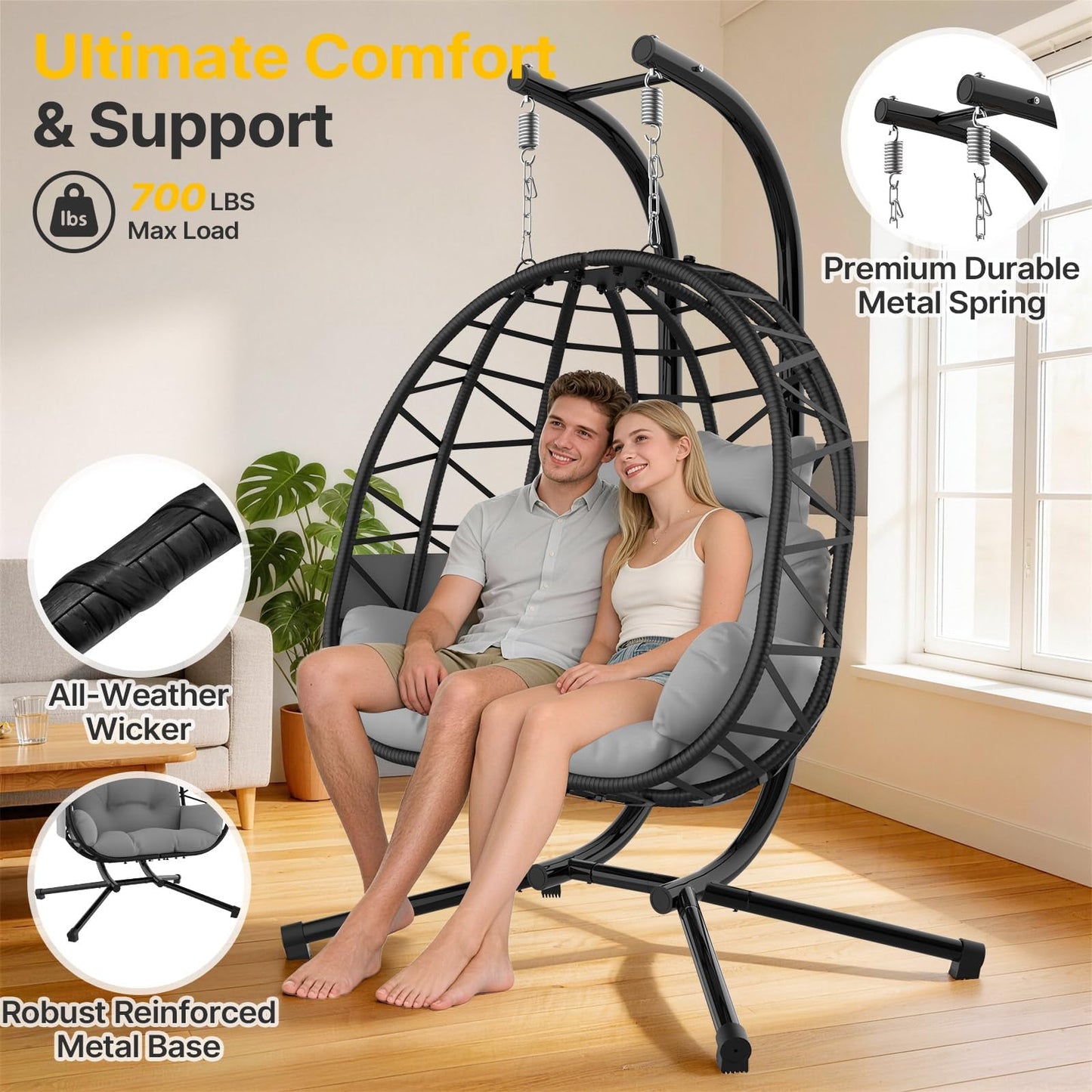 Suteck Double Hanging Egg Chair with Stand, Egg Swing Chair with Cushion,Outdoor Indoor 2 Person Wicker 700lbs Capacity for Patio, Bedroom, Garden - Black