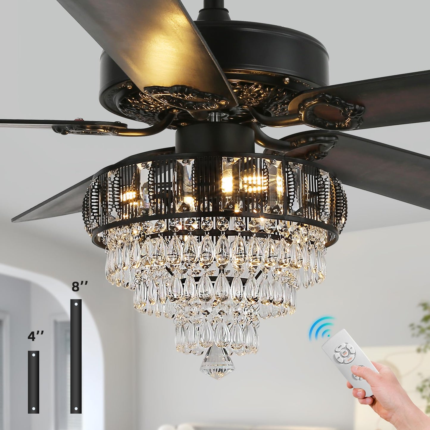 RIENAZA Modern Crystal Ceiling Fans with Lights and Remote Control, Farmhouse Retro Black Ceiling Fan Light, 52 Inch Fandelier Ceiling Fan for Living Room, Dining Room, Bedroom, Office
