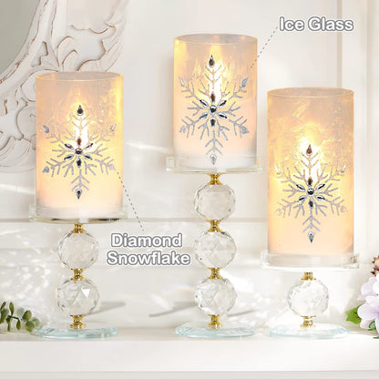 Immeiscent Christmas Flameless Candles, Jeweled Snowflake Iced Glass Candle, LED Flickering Pillar Candle with Timer&Remote for Xmas,Home Decor,Holiday,Set of 3 (D 3” X H 4” 5” 6”)