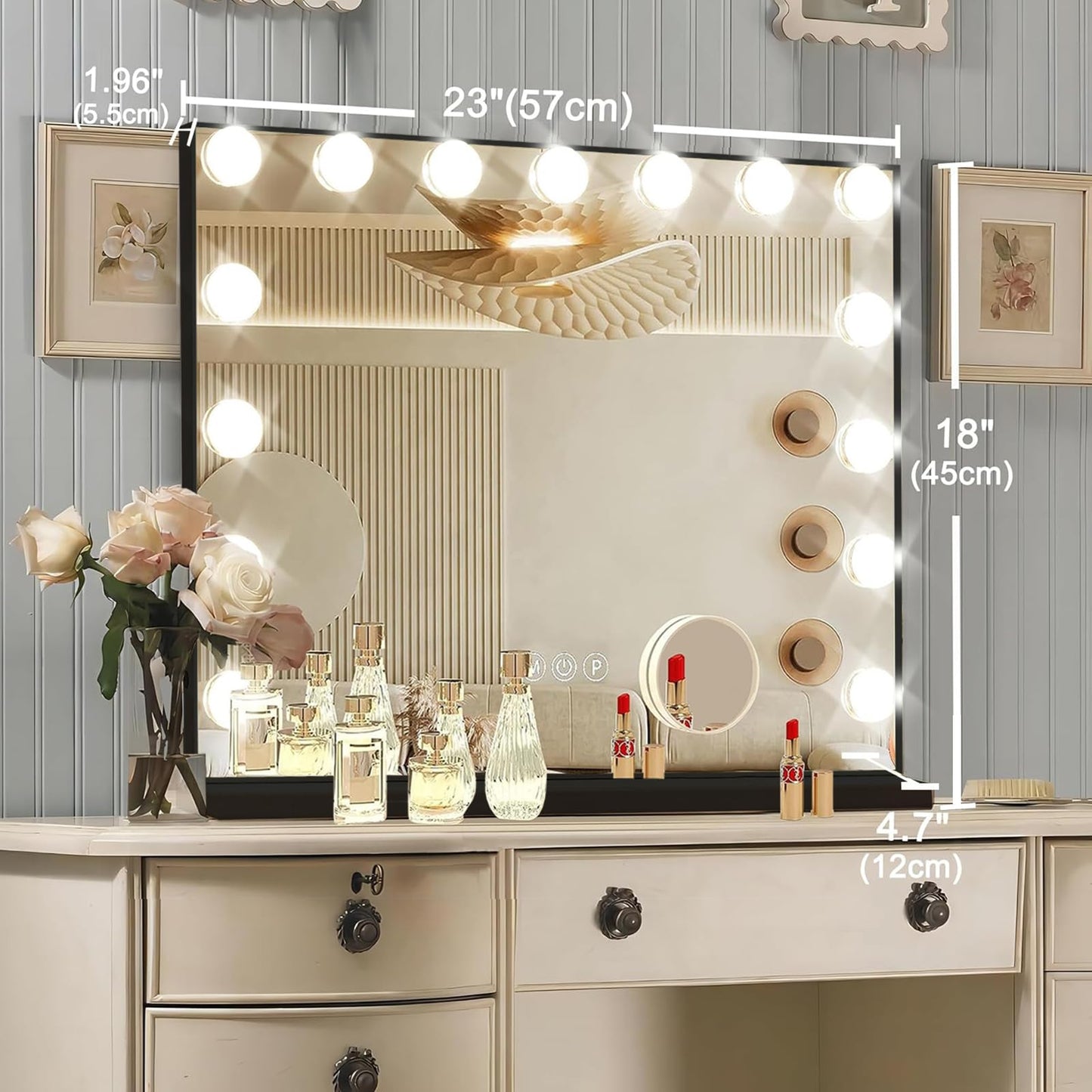 Hollywood Vanity Mirror with Lights, 15 Dimmable Bulbs, 3 Color Lights,Make Up Lighted Mirror, Aluminum Metal Frame, USB Charging Port（23" x 18"）