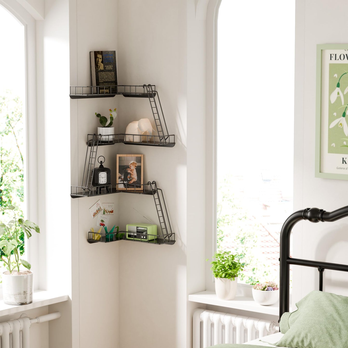 WOPITMER Fire Escape Wall Shelf - Modern City Style 4-Tier Corner Wall Shelves, Easy to Install Metal Ladder Shelf for Figures, New York Decorative Shelves for Bathroom, Living Room & Home Decor,Black