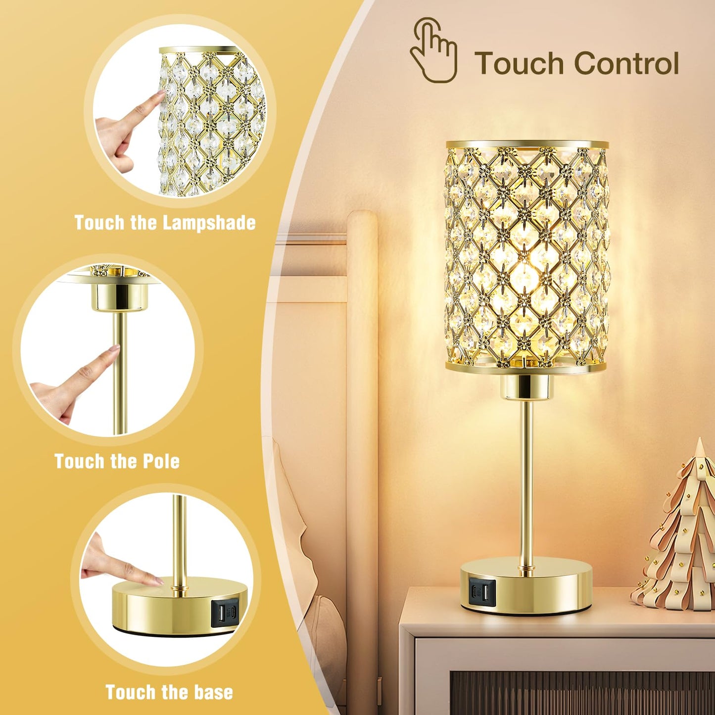 GyroVu Crystal Table Lamp, Gold Touch Lamp for Nightstand with USB C+A Ports, Dimmable Lamp with Crystal Shade, Bedside Lamp Small Lamp for Bedroom, Living Room(Buld Included)